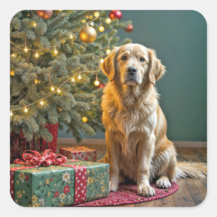 Christmas Golden Retriever With Gifts Square Sticker