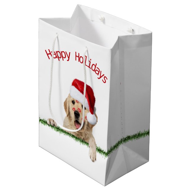 Christmas Golden Retriever With Lipstick Kisses Medium Gift Bag (Front Angled)