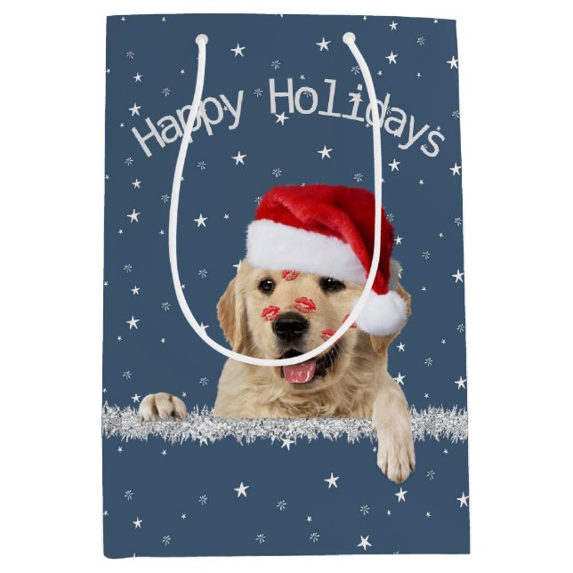 Christmas Golden Retriever With Lipstick Kisses Medium Gift Bag (Front)