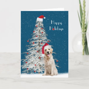 Christmas Golden Retriever with White Tree  Holiday Card