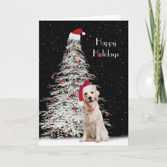 Christmas Golden Retriever with White Tree Holiday Card (Front)