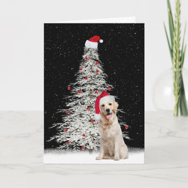 Christmas Golden Retriever with White Tree   Holiday Card (Front)
