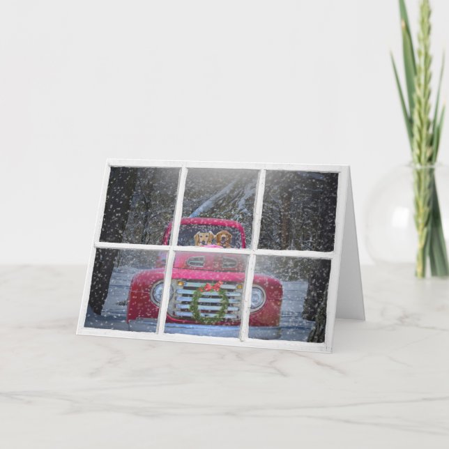Christmas Golden Retrievers in Red Truck Holiday Card (Front)