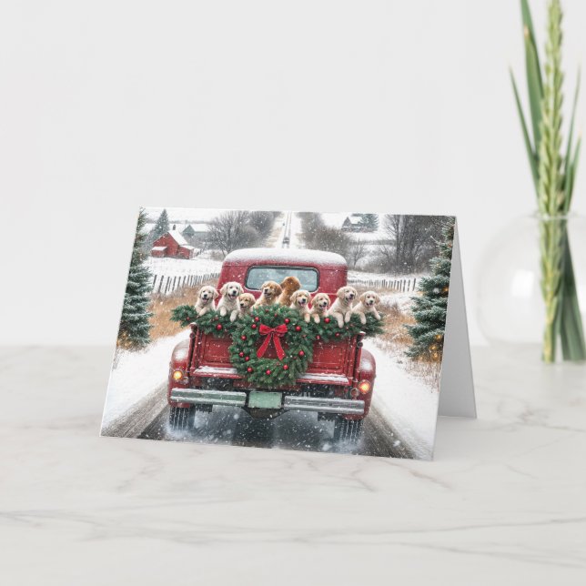 Christmas Golden Retrievers In Red Truck Holiday Card (Front)