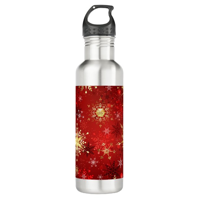 Christmas Golden Snowflakes on Red Background 710 Ml Water Bottle (Front)