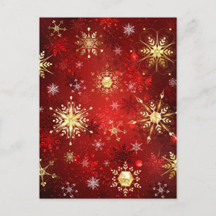 Christmas Golden Snowflakes on Red Background Announcement Postcard