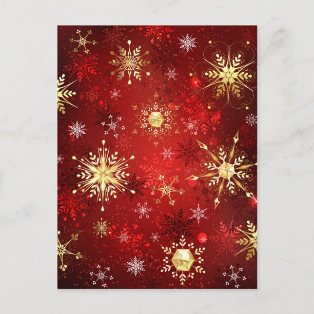 Christmas Golden Snowflakes on Red Background Announcement Postcard (Front)