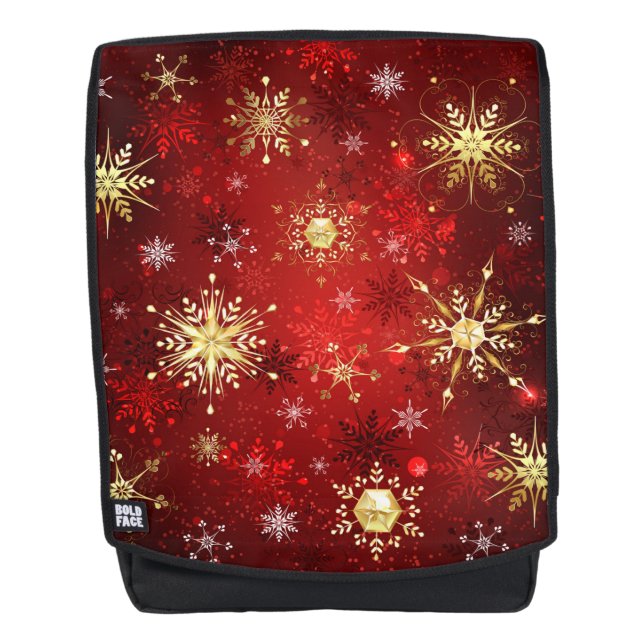 Christmas Golden Snowflakes on Red Background Backpack (Front)