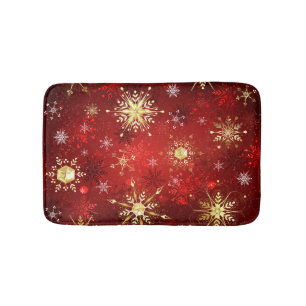 Christmas Golden Snowflakes on Red Background Bath Mat