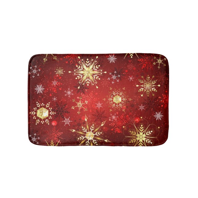 Christmas Golden Snowflakes on Red Background Bath Mat (Front)
