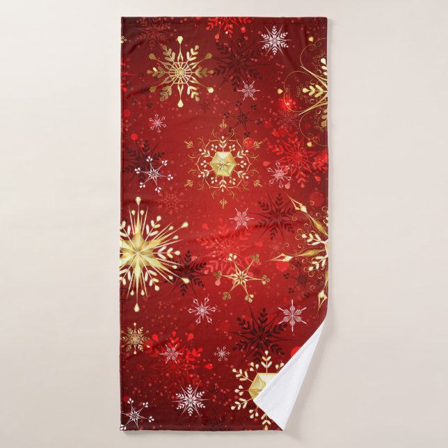 Christmas Golden Snowflakes on Red Background Bath Towel (Bath Towel)