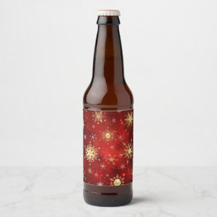 Christmas Golden Snowflakes on Red Background Beer Bottle Label