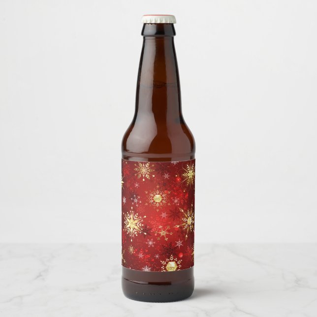 Christmas Golden Snowflakes on Red Background Beer Bottle Label (Front)