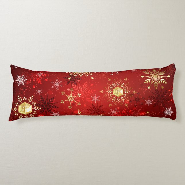 Christmas Golden Snowflakes on Red Background Body Cushion (Front)