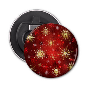 Christmas Golden Snowflakes on Red Background Bottle Opener