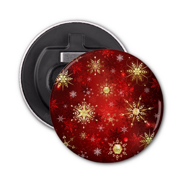 Christmas Golden Snowflakes on Red Background Bottle Opener (Front)