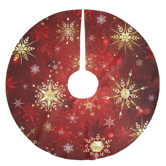 Christmas Golden Snowflakes on Red Background Brushed Polyester Tree Skirt (Front)
