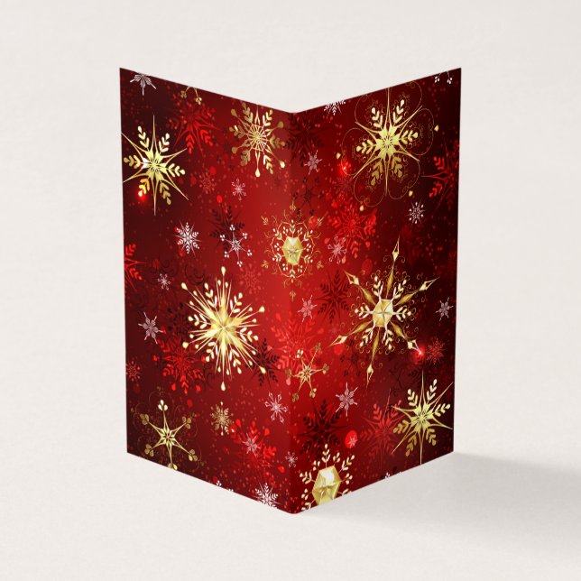 Christmas Golden Snowflakes on Red Background Business Card (Outside)