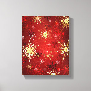 Christmas Golden Snowflakes on Red Background Canvas Print