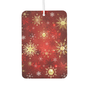 Christmas Golden Snowflakes on Red Background Car Air Freshener