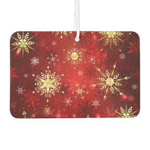 Christmas Golden Snowflakes on Red Background Car Air Freshener
