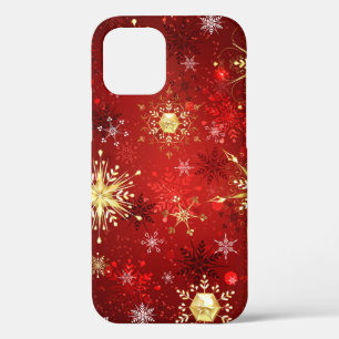Christmas Golden Snowflakes on Red Background iPhone 12 Case