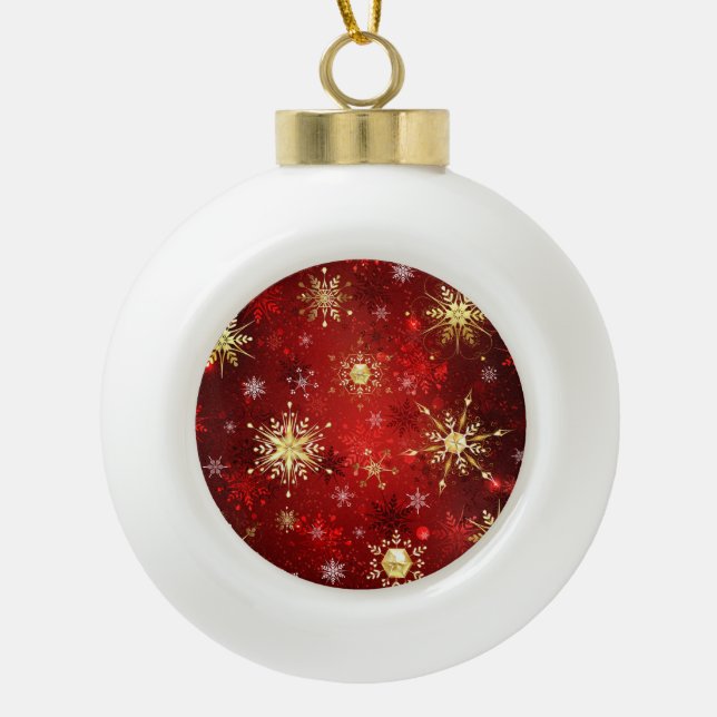Christmas Golden Snowflakes on Red Background Ceramic Ball Christmas Ornament (Front)