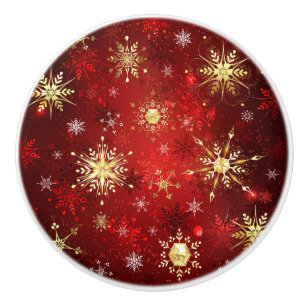 Christmas Golden Snowflakes on Red Background Ceramic Knob