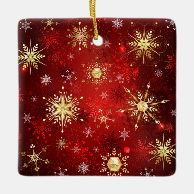 Christmas Golden Snowflakes on Red Background Ceramic Ornament (Front)