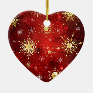 Christmas Golden Snowflakes on Red Background Ceramic Tree Decoration
