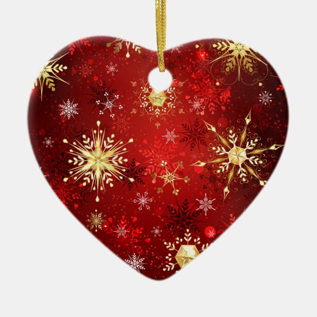 Christmas Golden Snowflakes on Red Background Ceramic Tree Decoration (Front)