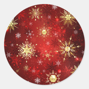 Christmas Golden Snowflakes on Red Background Classic Round Sticker