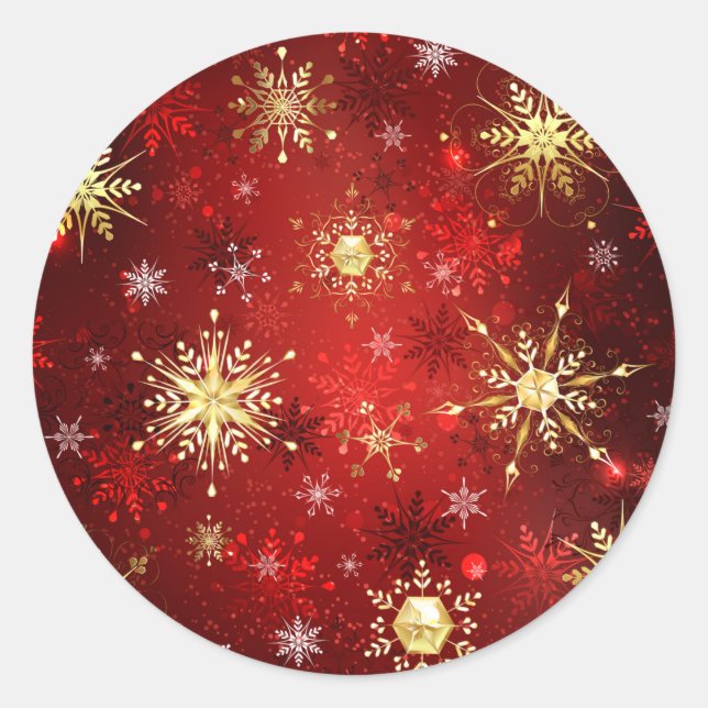 Christmas Golden Snowflakes on Red Background Classic Round Sticker (Front)