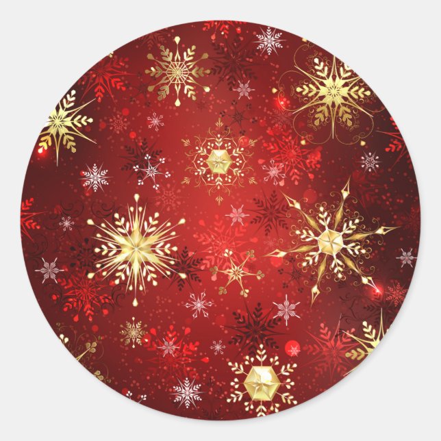 Christmas Golden Snowflakes on Red Background Classic Round Sticker (Front)