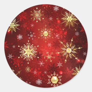 Christmas Golden Snowflakes on Red Background Classic Round Sticker