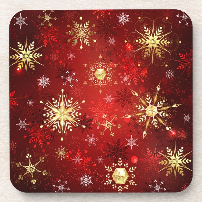 Christmas Golden Snowflakes on Red Background Coaster (Front)