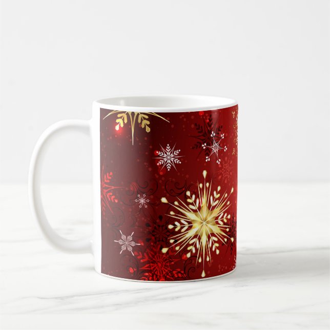 Christmas Golden Snowflakes on Red Background Coffee Mug (Left)