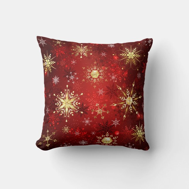 Christmas Golden Snowflakes on Red Background Cushion (Front)