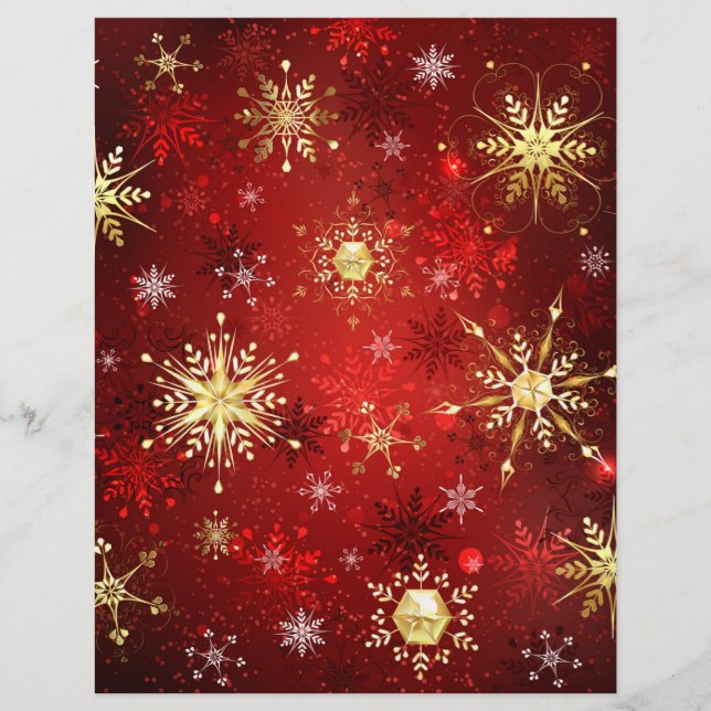 Christmas Golden Snowflakes on Red Background Custom Letterhead (Front)