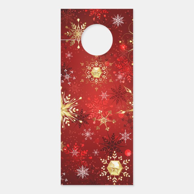 Christmas Golden Snowflakes on Red Background Door Hanger (Front)