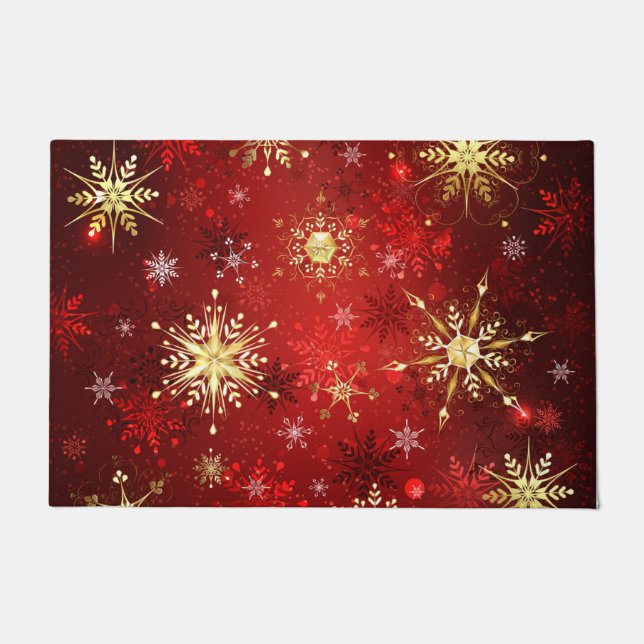 Christmas Golden Snowflakes on Red Background Doormat (Front)