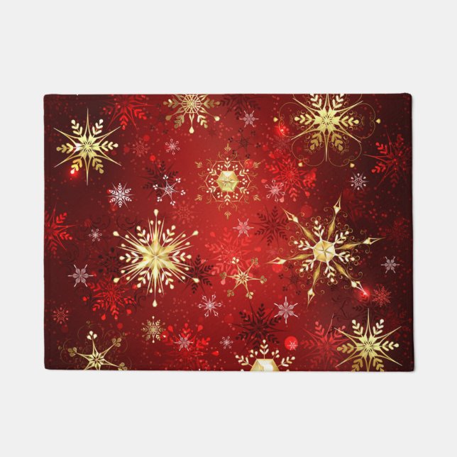 Christmas Golden Snowflakes on Red Background Doormat (Front)