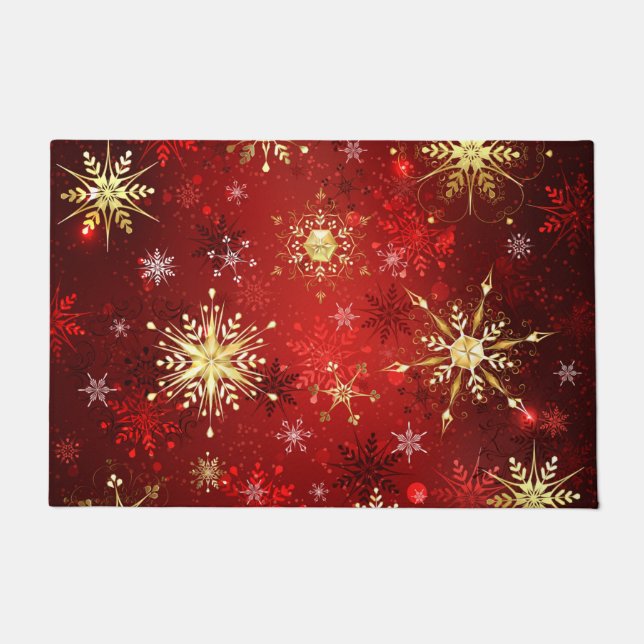 Christmas Golden Snowflakes on Red Background Doormat (Front)