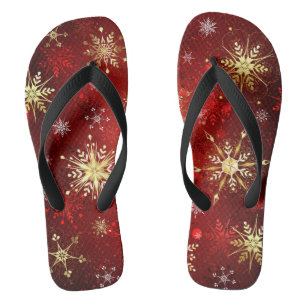 Christmas Golden Snowflakes on Red Background Flip Flops
