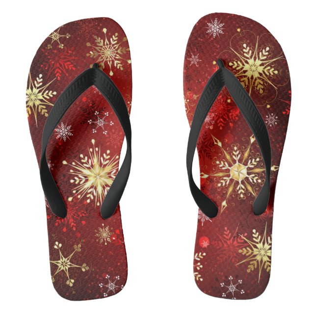 Christmas Golden Snowflakes on Red Background Flip Flops (Footbed)