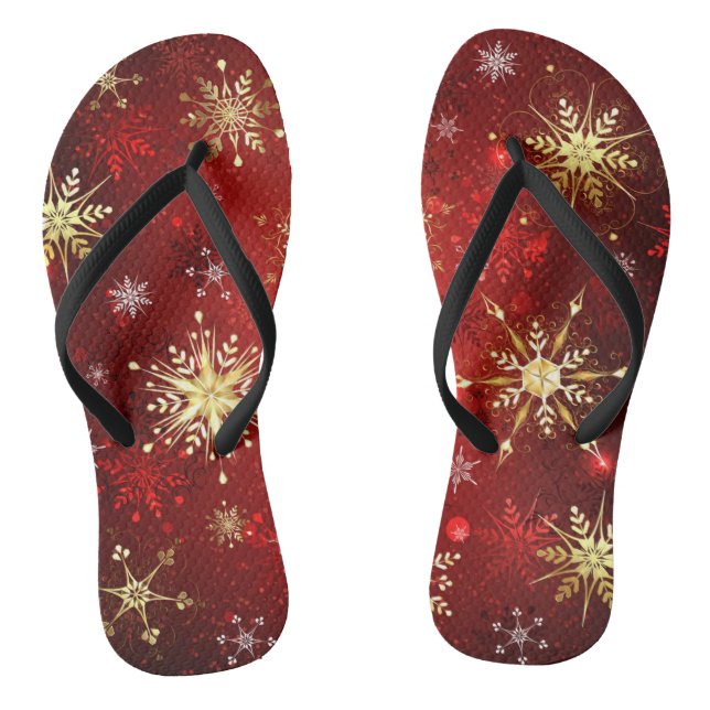 Christmas Golden Snowflakes on Red Background Flip Flops (Footbed)