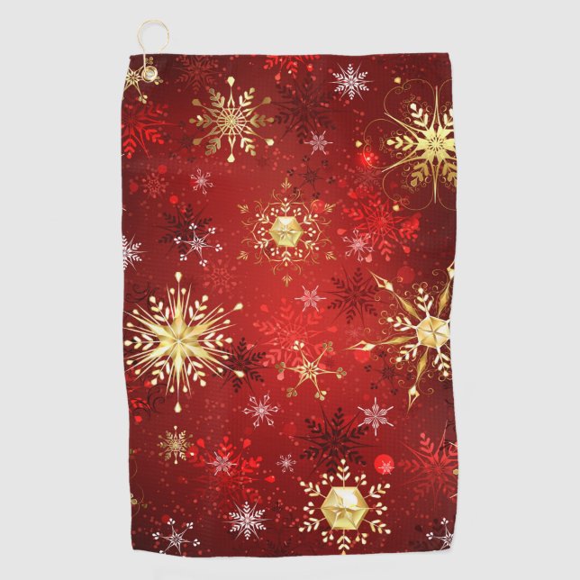 Christmas Golden Snowflakes on Red Background Golf Towel (Front)