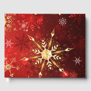 Christmas Golden Snowflakes on Red Background Guest Book