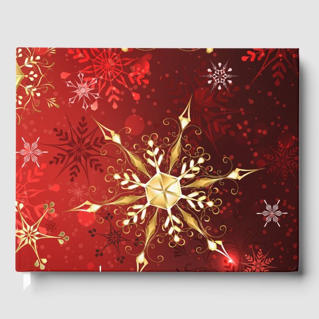 Christmas Golden Snowflakes on Red Background Guest Book (Front)
