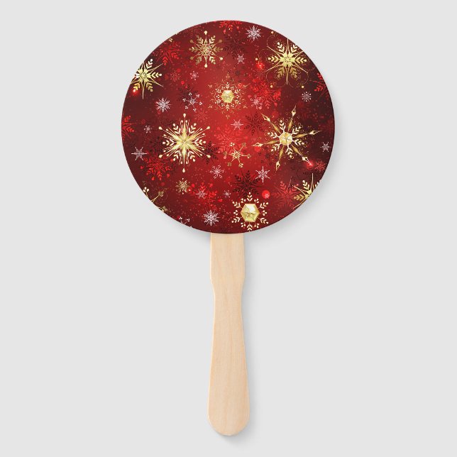 Christmas Golden Snowflakes on Red Background Hand Fan (Front)